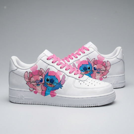 Custom Air Force 1 Baby Pink Blue Stitch Angel Hearts