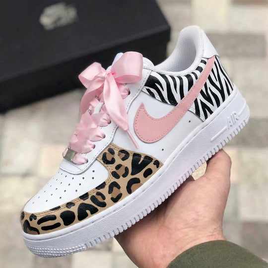 Custom Air Force 1 Baby Pink Leopard Zebra Print Pink Bow Laces