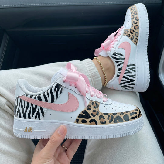 Custom Air Force 1 Baby Pink Leopard Zebra Print Pink Bow Laces