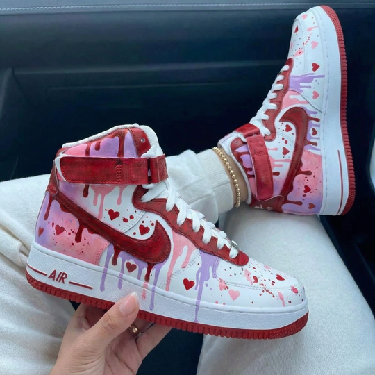 Custom Air Force 1 Baby Pink Maroon Hearts Design