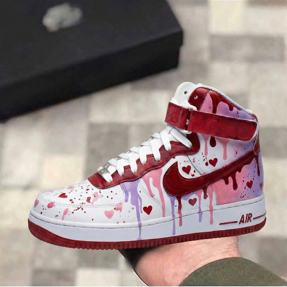 Custom Air Force 1 Baby Pink Maroon Hearts Design