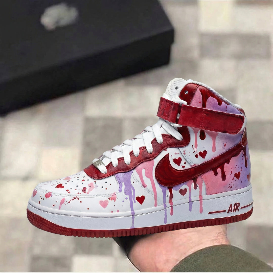 Custom Air Force 1 Baby Pink Maroon Hearts Design