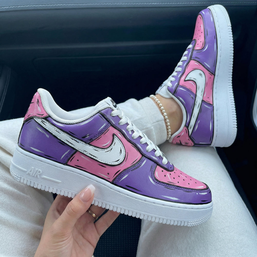 Custom Air Force 1 Baby Pink Purple Cartoon Style