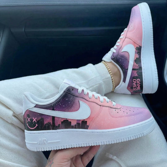 Custom Air Force 1 Baby Pink Purple Cityscape Design