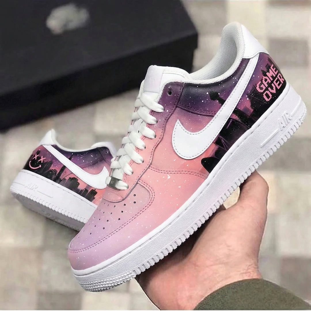Custom Air Force 1 Baby Pink Purple Cityscape Design