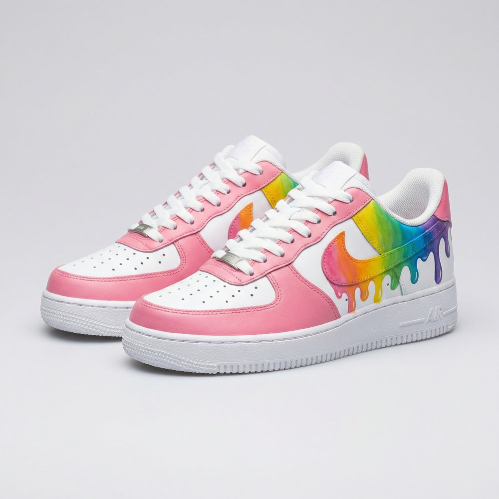 Custom Air Force 1 Baby Pink Rainbow Drip Design