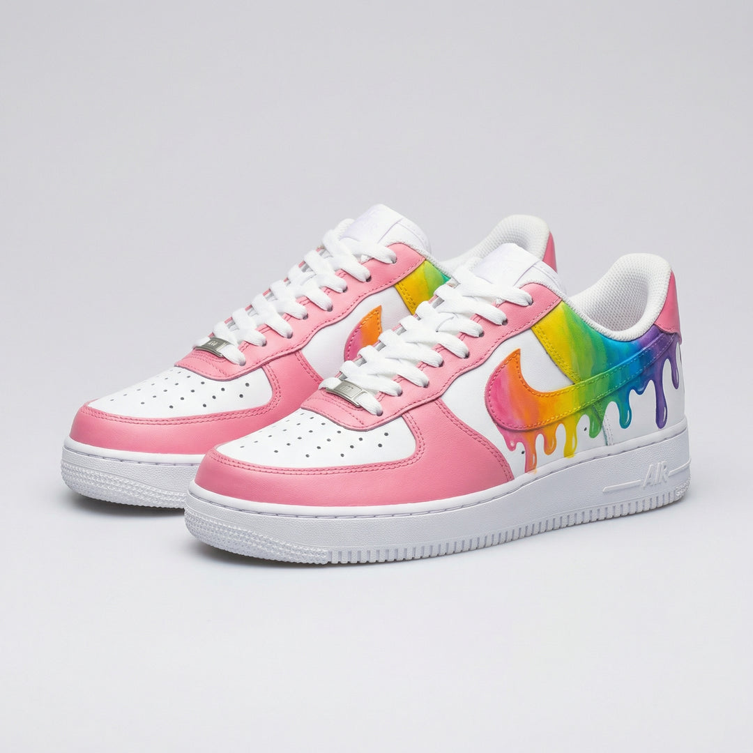 Custom Air Force 1 Baby Pink Rainbow Drip Design