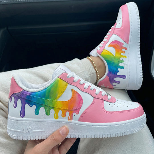 Custom Air Force 1 Baby Pink Rainbow Drip Design