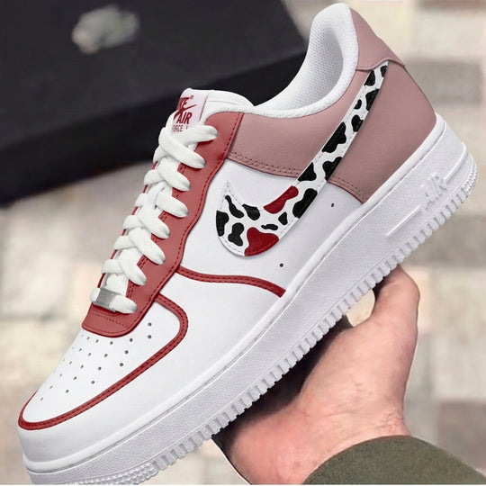 Custom Air Force 1 Baby Pink Red Cow Print