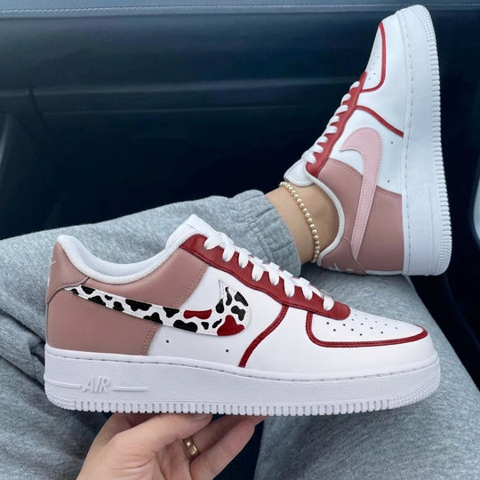Custom Air Force 1 Baby Pink Red Cow Print