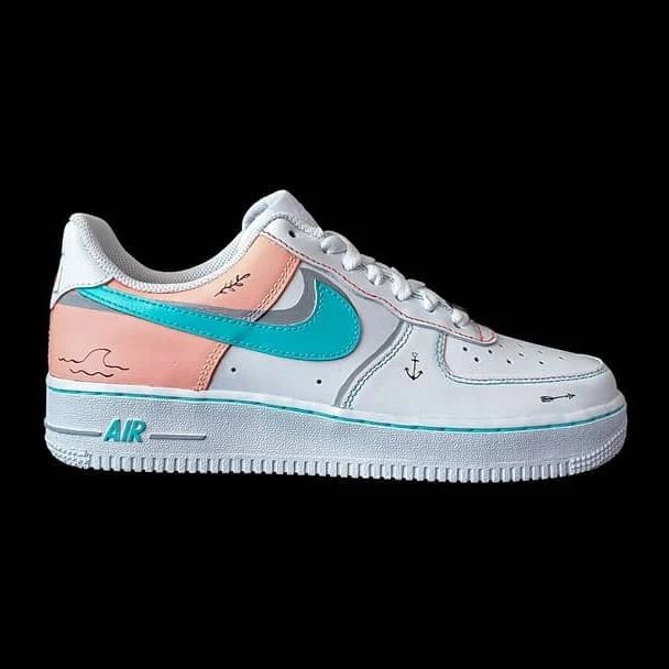 Custom Air Force 1 Baby Pink Teal with Nautical Motifs
