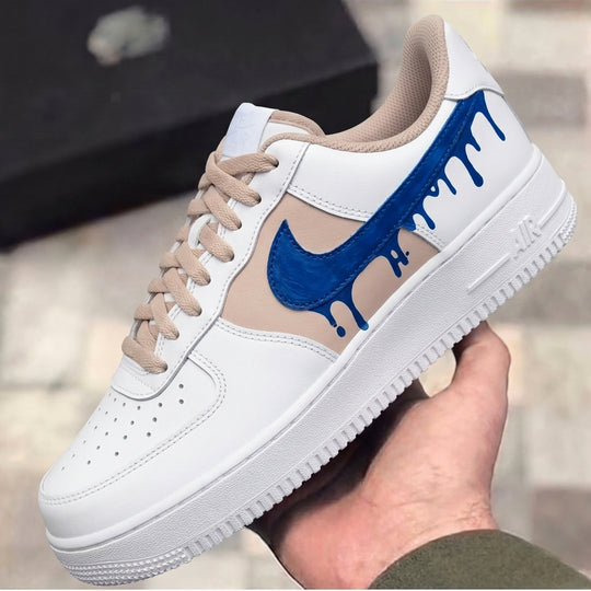 Custom Air Force 1 Beige Blue Drip Design