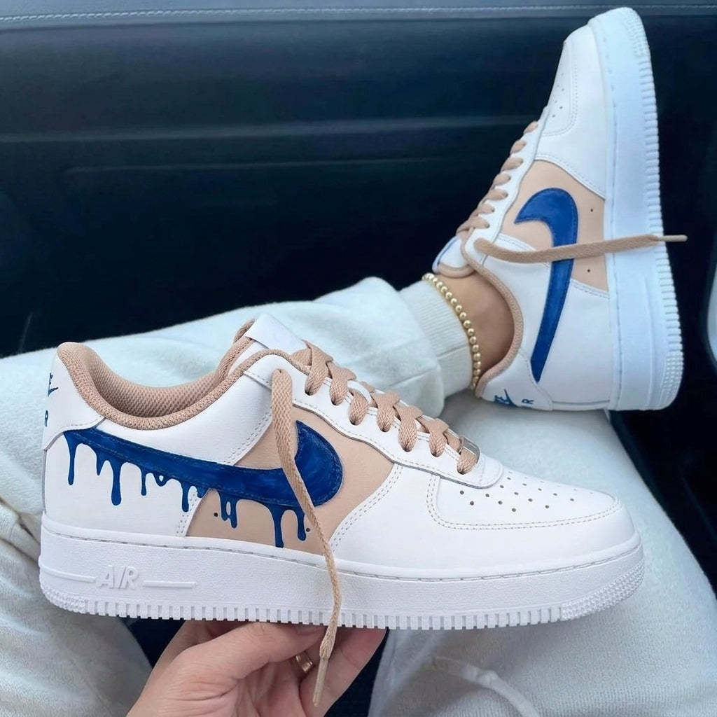 Custom Air Force 1 Beige Blue Drip Design