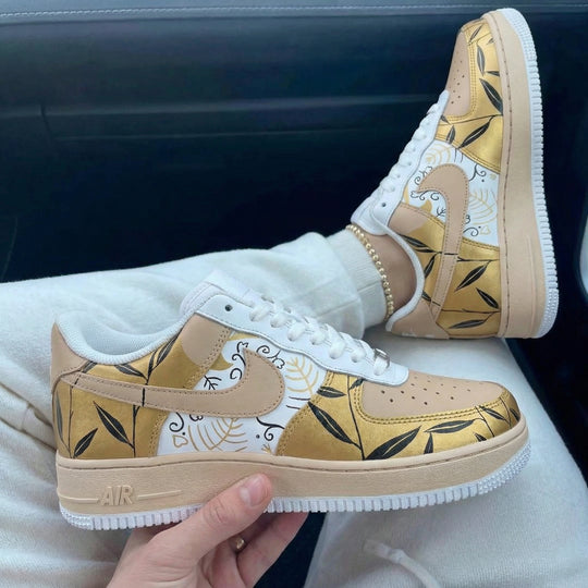 Custom Air Force 1 Beige Gold Leaf Pattern