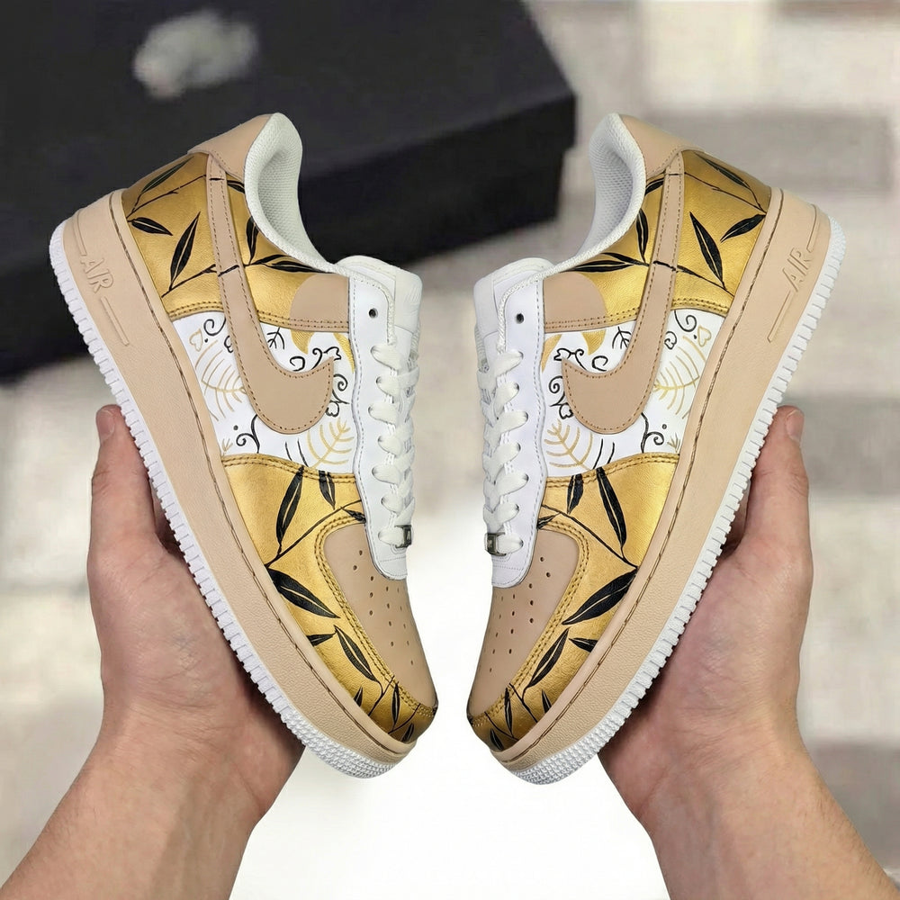 Custom Air Force 1 Beige Gold Leaf Pattern