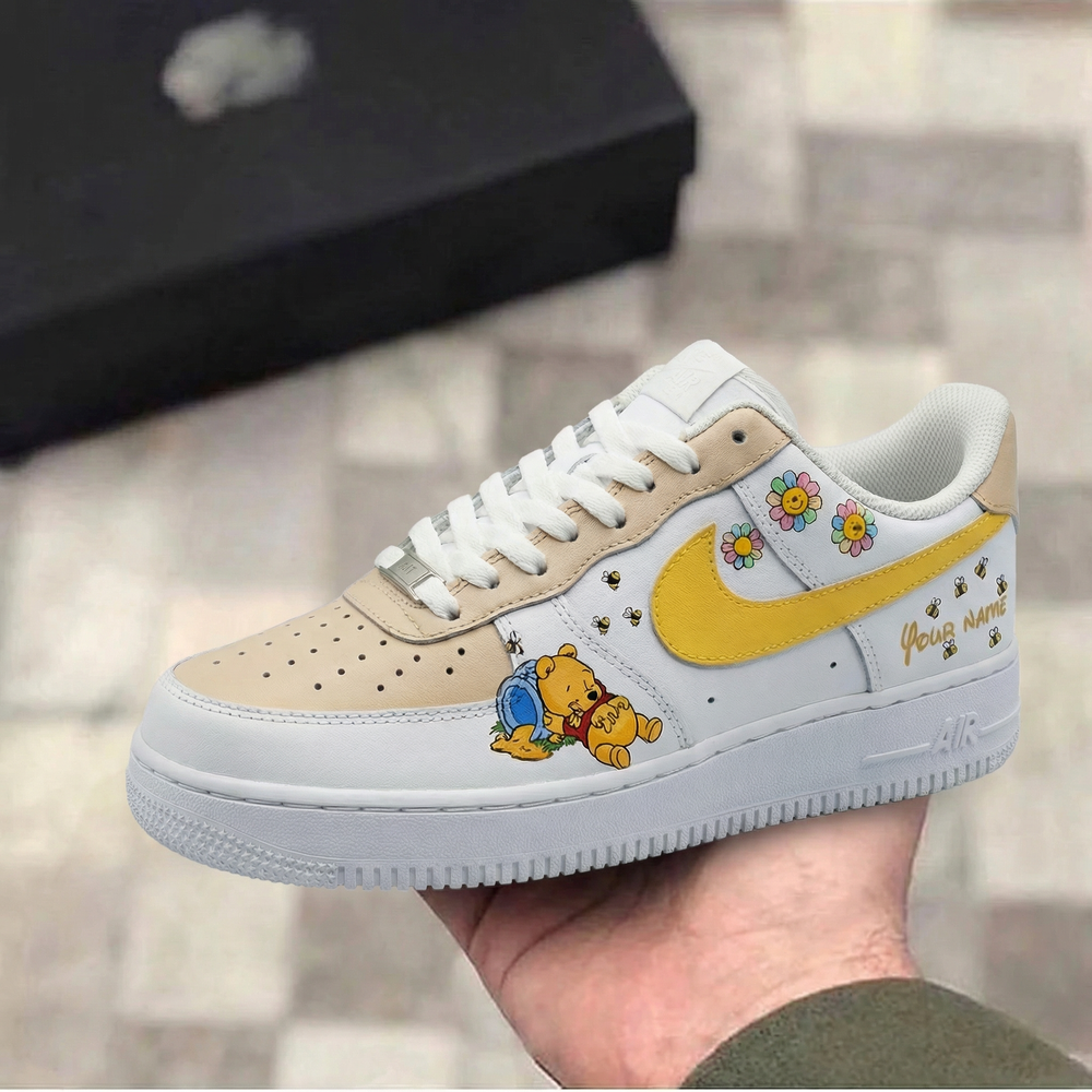 Custom Air Force 1 Beige Yellow Winnie - the - Pooh and Flowers Design