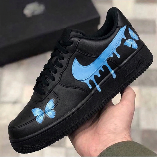 Custom Air Force 1 Black Baby Blue Drip Blue Butterflies