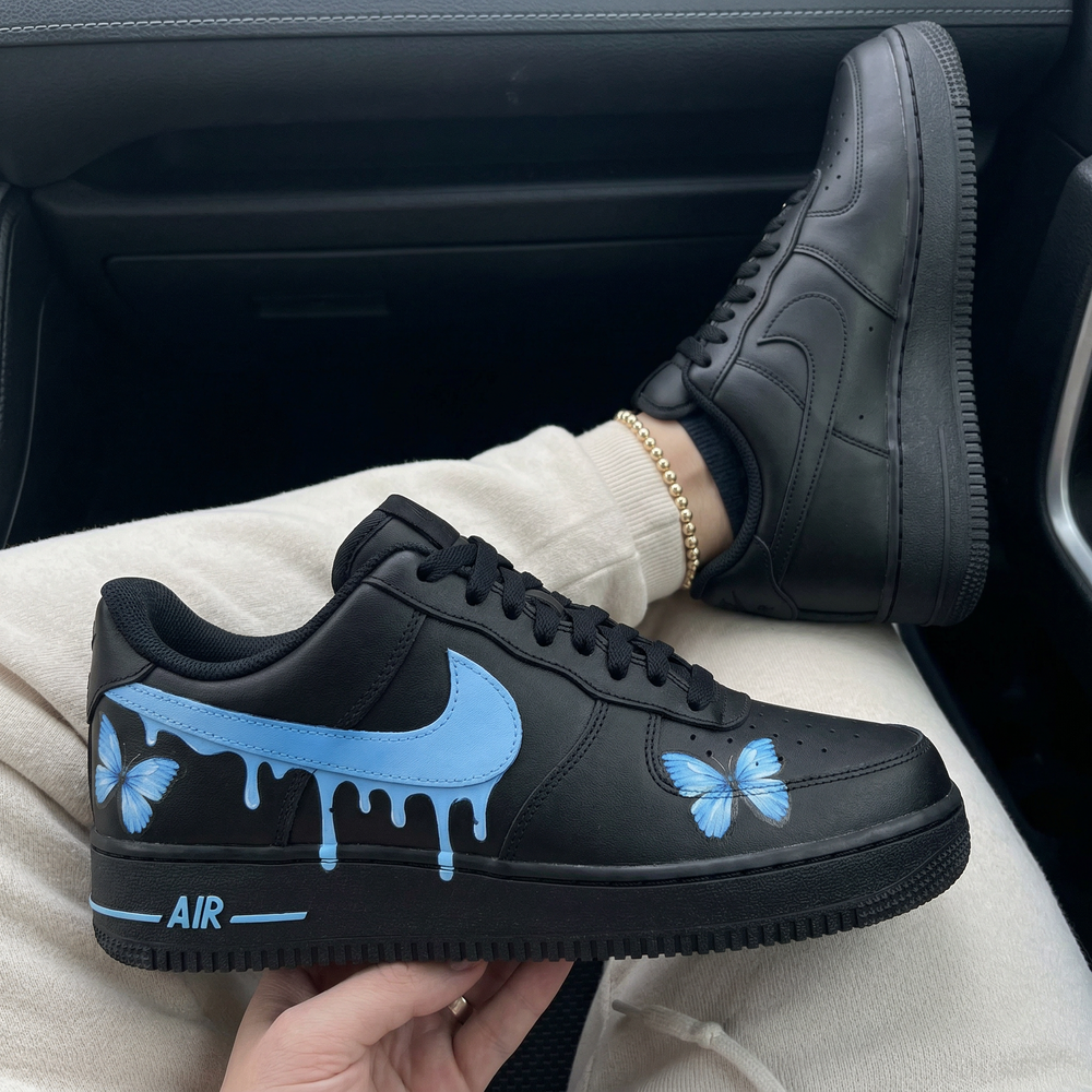 Custom Air Force 1 Black Baby Blue Drip Blue Butterflies
