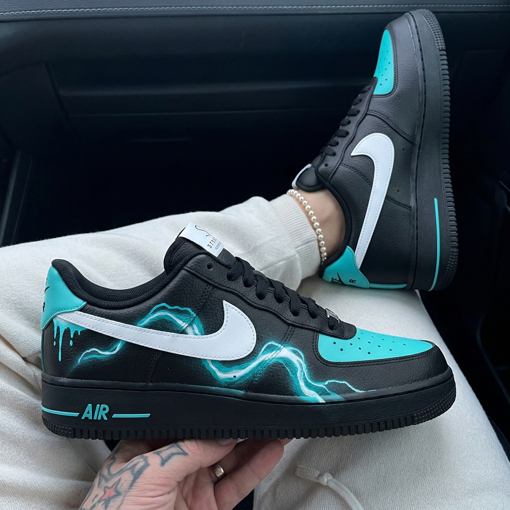 Custom Air Force 1 Black Baby Blue Lightning Drip