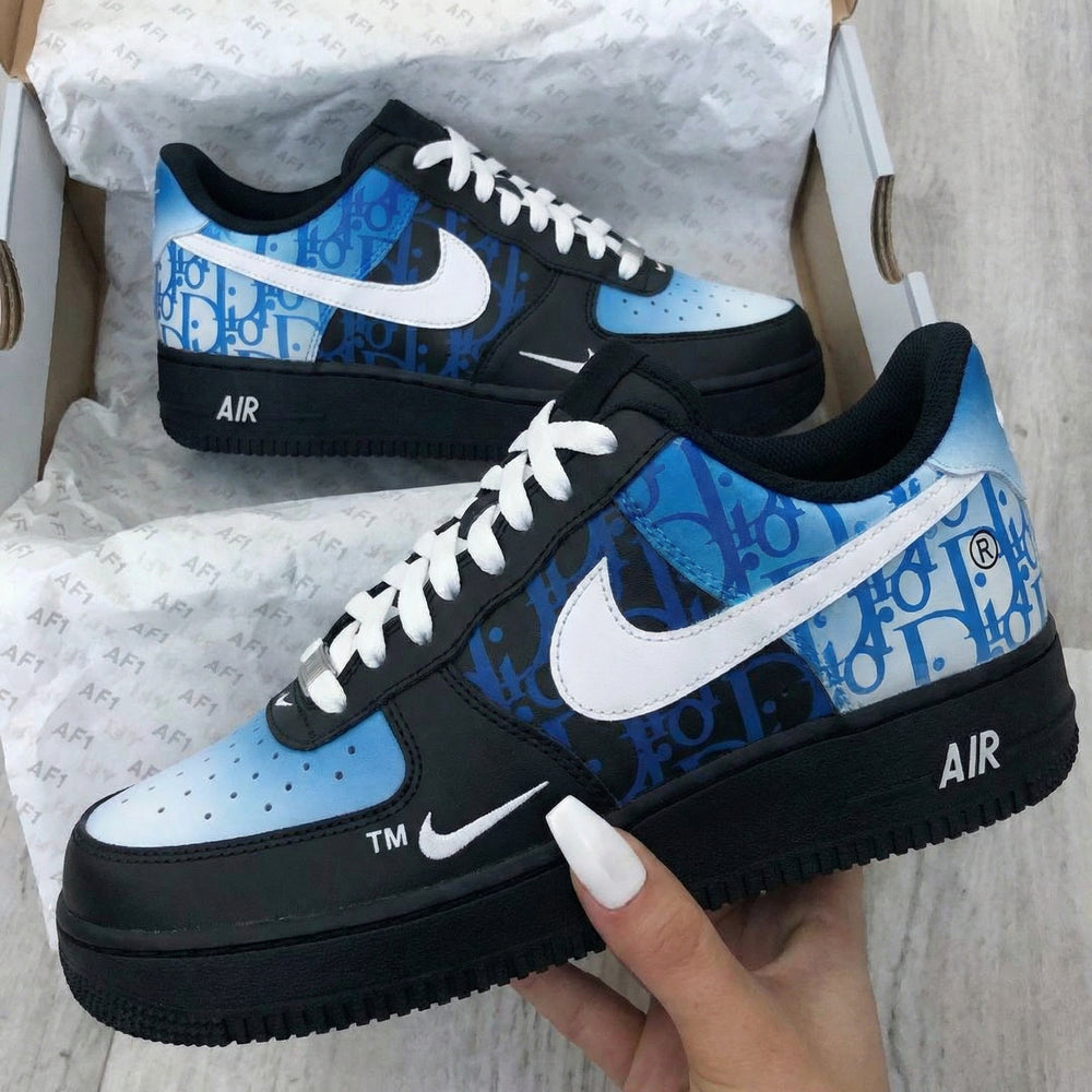 Custom Air Force 1 Black Baby Blue Monogram Pattern