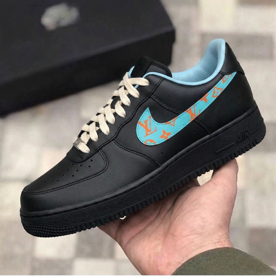 Custom Air Force 1 Black Baby Blue Swoosh Orange LV
