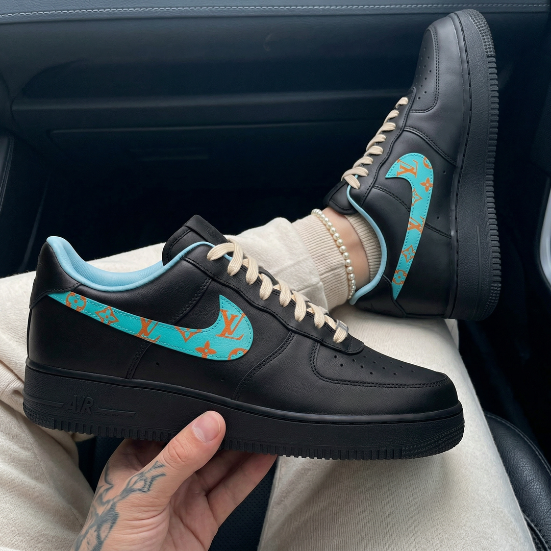 Custom Air Force 1 Black Baby Blue Swoosh Orange LV