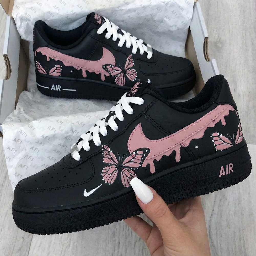Custom Air Force 1 Black Baby Pink Butterflies