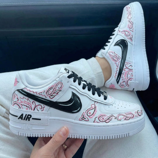 Custom Air Force 1 Black Baby Pink Paisley Pattern