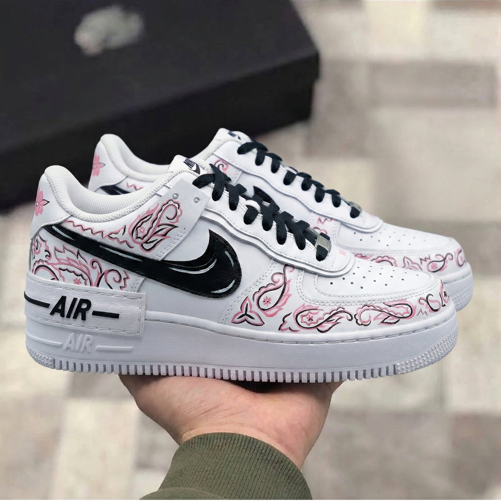 Custom Air Force 1 Black Baby Pink Paisley Pattern