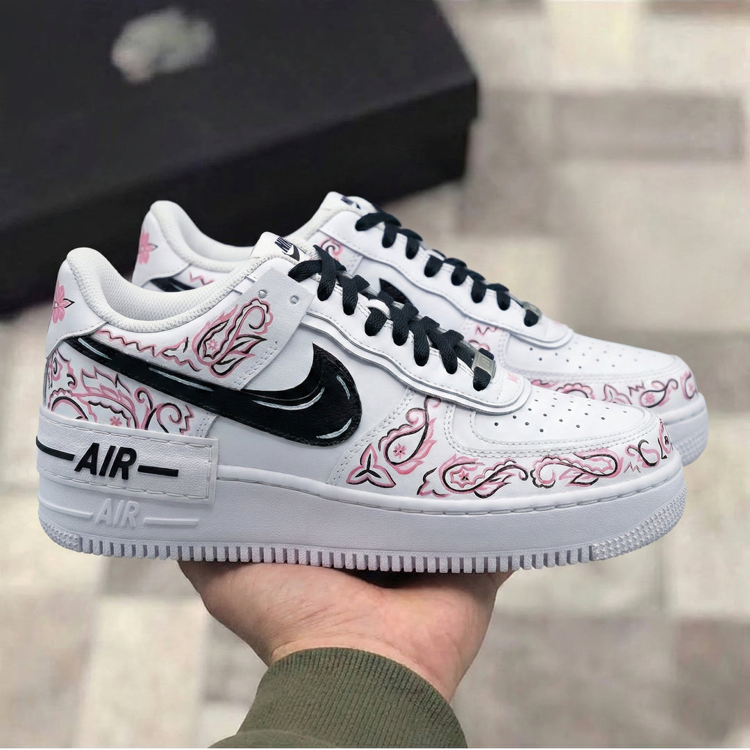 Custom Air Force 1 Black Baby Pink Paisley Pattern