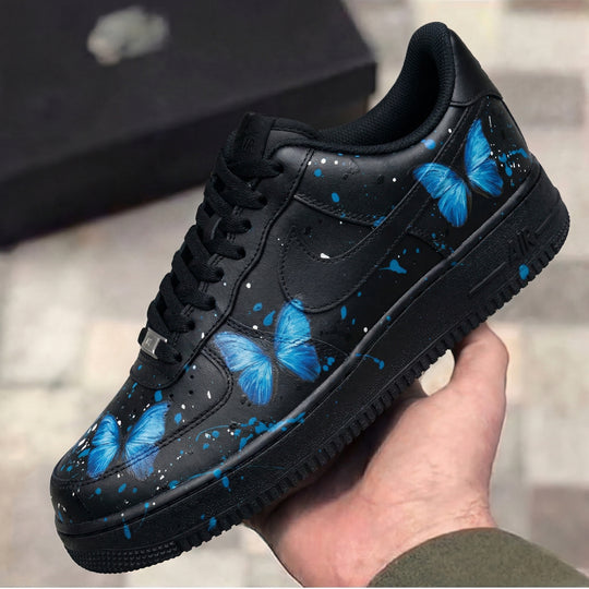 Custom Air Force 1 Black Blue Butterflies Splatter