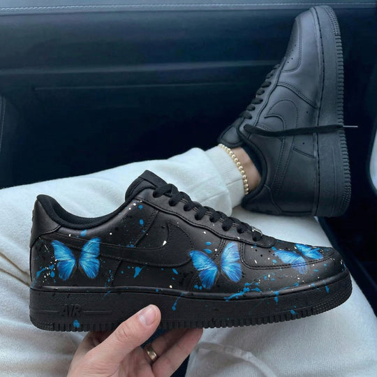 Custom Air Force 1 Black Blue Butterflies Splatter