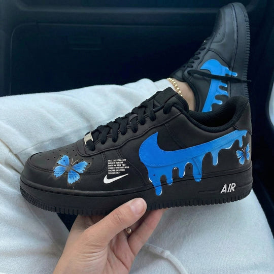 Custom Air Force 1 Black Blue Butterfly and Drip Design