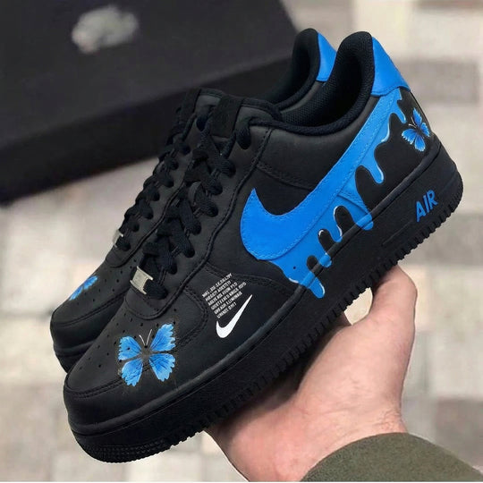 Custom Air Force 1 Black Blue Butterfly and Drip Design