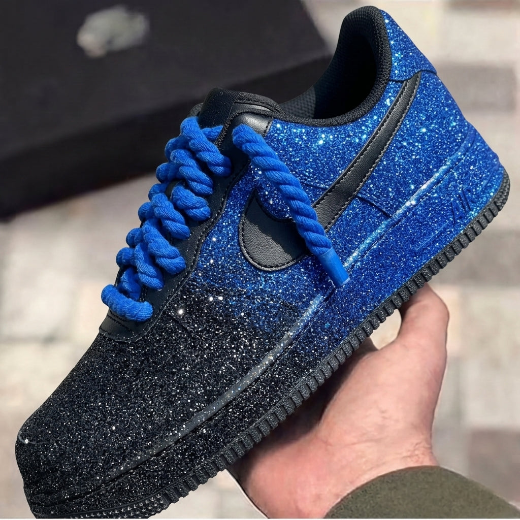 Custom Air Force 1 Black Blue Glitter Rope Laces