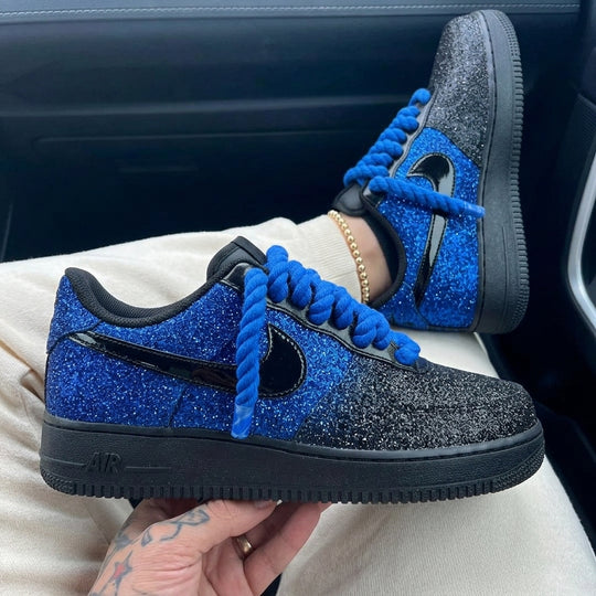 Custom Air Force 1 Black Blue Glitter Rope Laces