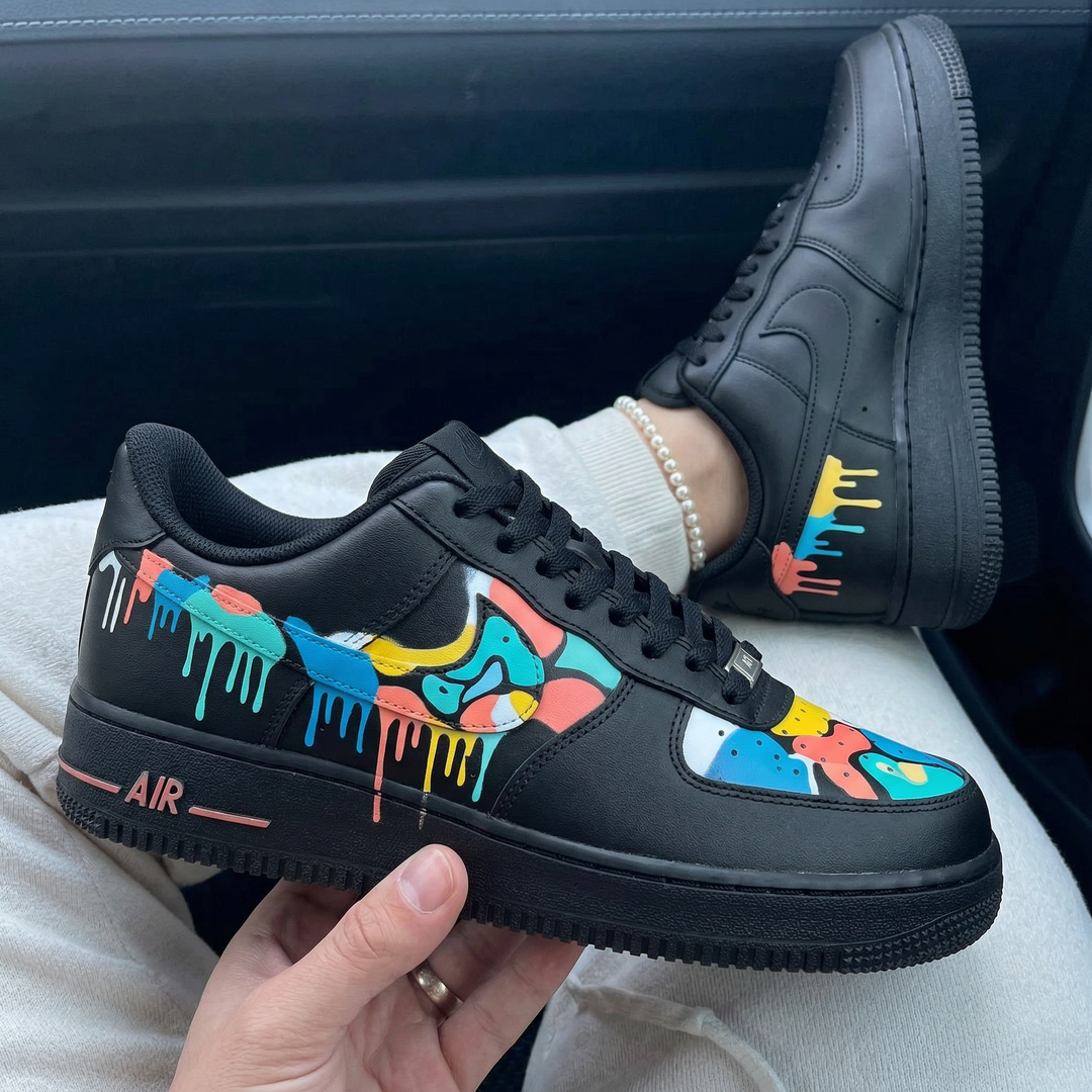 Custom Air Force 1 Black Colorful Drip Paint
