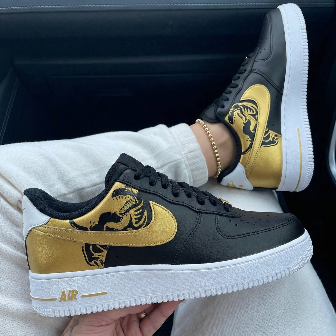 Custom Air Force 1 Black Gold Dinosaur Design