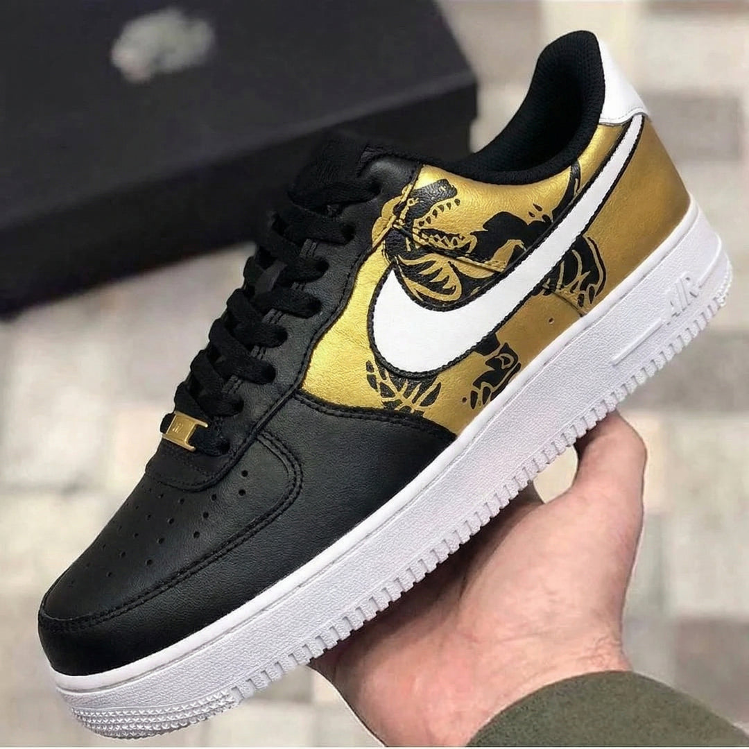 Custom Air Force 1 Black Gold Dinosaur Design