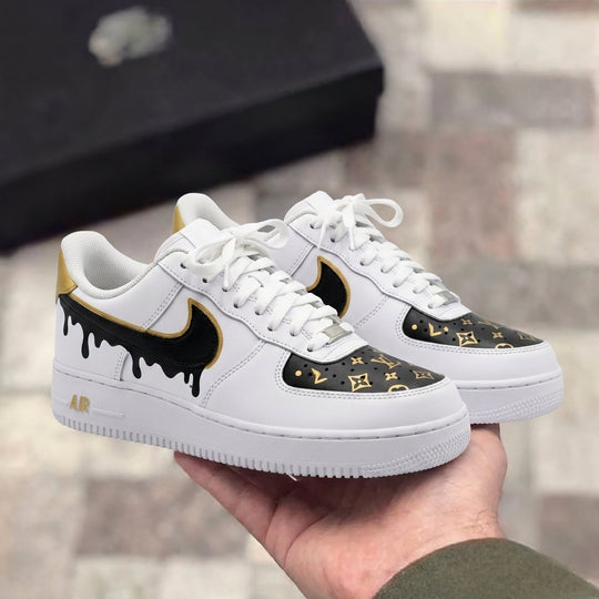 Custom Air Force 1 Black Gold LV Logo Drip