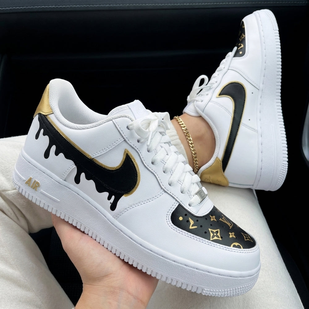 Custom Air Force 1 Black Gold LV Logo Drip