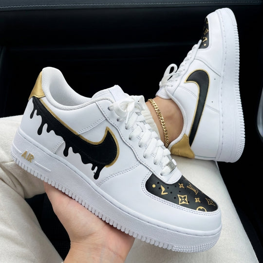 Custom Air Force 1 Black Gold LV Logo Drip