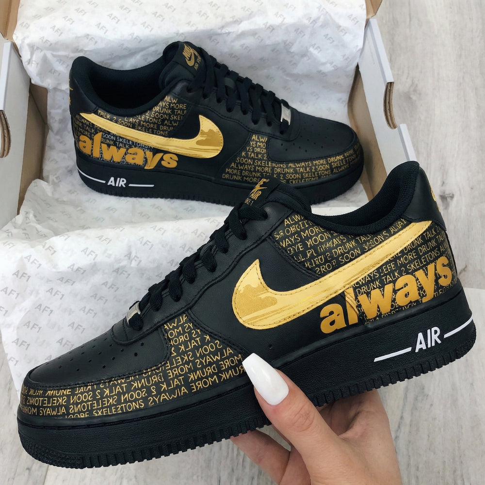 Custom Air Force 1 Black Gold Text Pattern