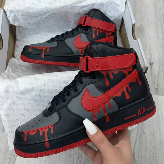 Custom Air Force 1 Black Gray Red Drip Design