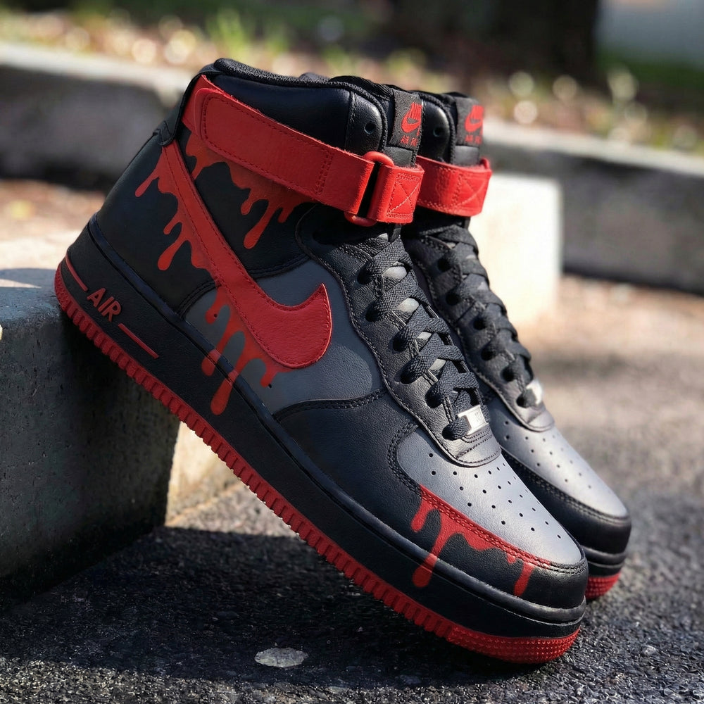 Custom Air Force 1 Black Gray Red Drip Design