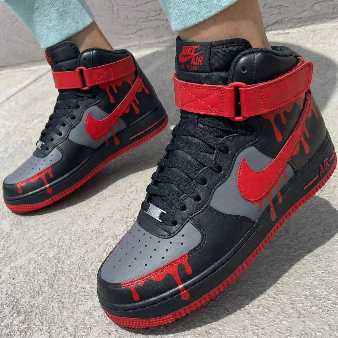 Custom Air Force 1 Black Gray Red Drip Design