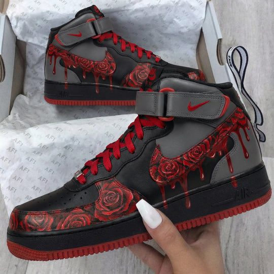 Custom Air Force 1 Black Gray Red Roses and Drips