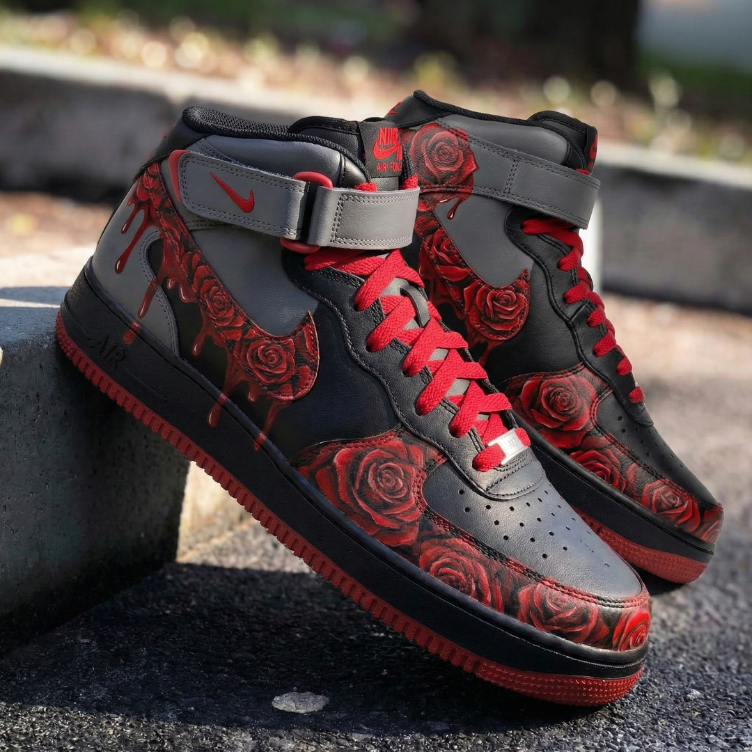 Custom Air Force 1 Black Gray Red Roses and Drips