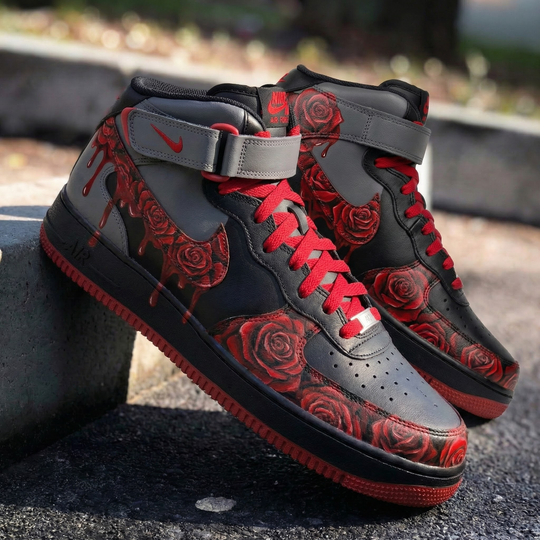 Custom Air Force 1 Black Gray Red Roses and Drips