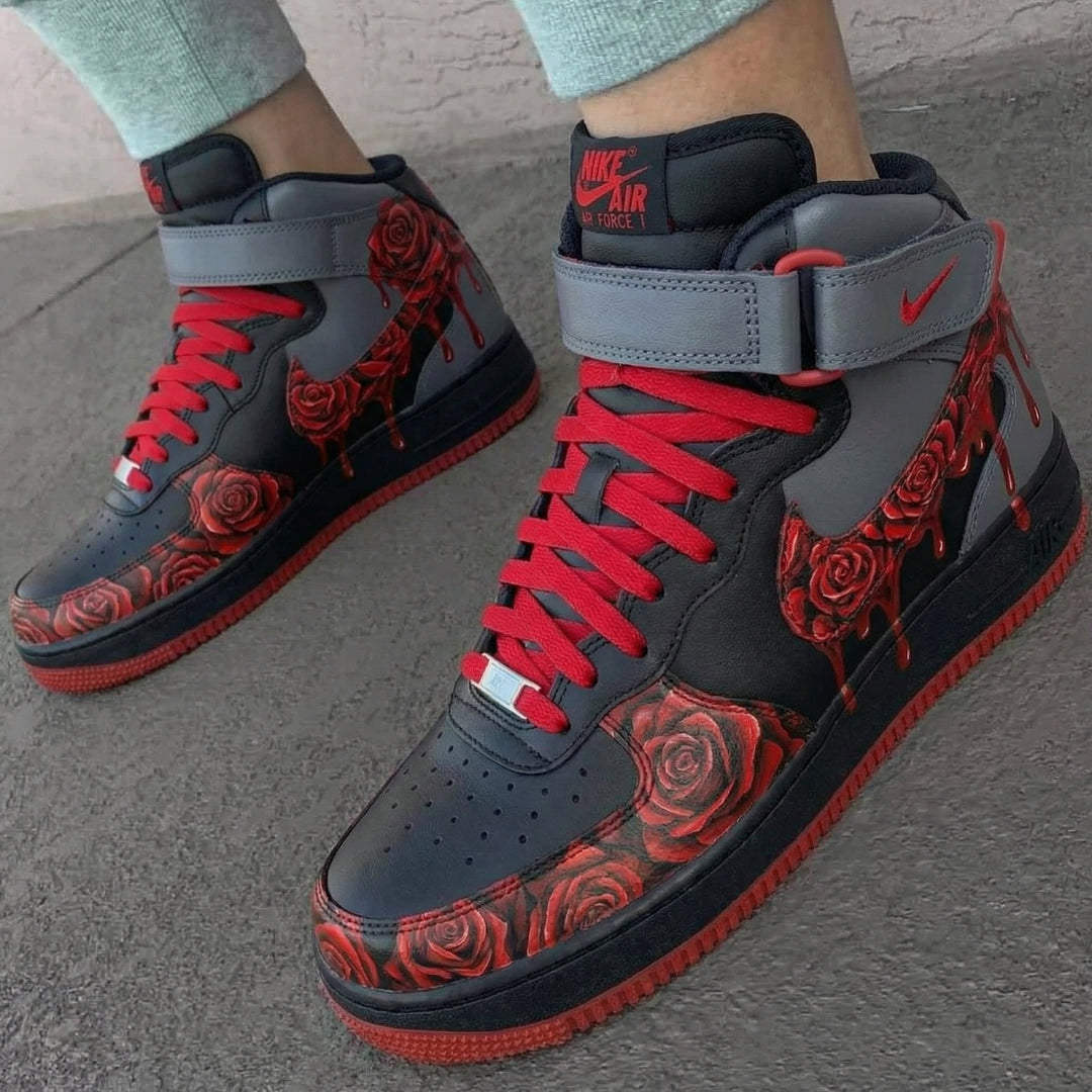 Custom Air Force 1 Black Gray Red Roses and Drips